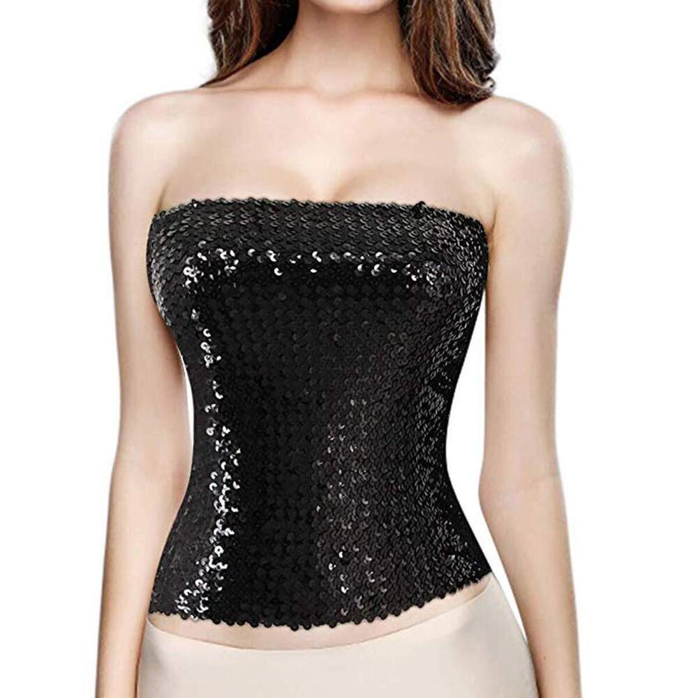 5358 Girls Sparkling Sequins Tube Top Strapless Stretchy Tank Top Crop Top